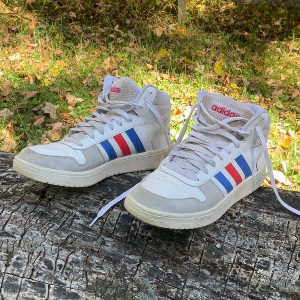Adidas White High-Tops with Red and Blue Accents